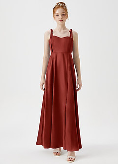 Azazie Rosey Junior Vestido de Terracota de Satén Metálico de Corte En A con Escote de Corazón image6
