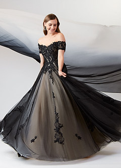 Azazie Rowe Wedding Dresses Black Champagne Ball-Gown Off the Shoulder Tulle Dress image8