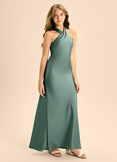 Azazie Doretta Junior Vestido de Eucalipto de Satén Elástico de Corte En A con Plisado image6