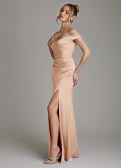 Azazie Teyana Bridesmaid Dresses English Rose Sheath Off the Shoulder Stretch Satin Dress image6