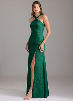 Azazie Rue Bridesmaid Dresses Emerald A-Line Pleated Floral Burnout Dress image3