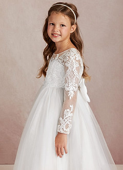 Azazie Elodie Flower Girl Dresses Ivory White Ball-Gown Lace Dress image6