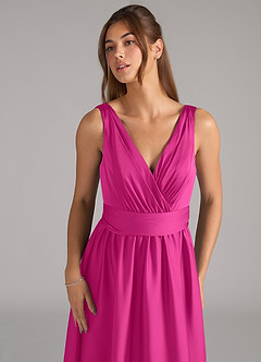 Azazie Kora Bridesmaid Dresses Fuchsia A-Line Pleated Stretch Satin Dress image7