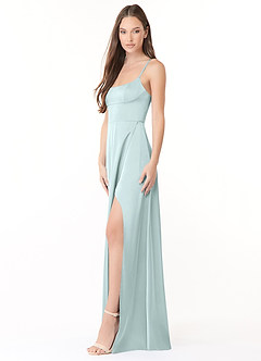 Azazie Halsey Final Sale Sea Glass A-Line Side Slit Stretch Satin Dress image4