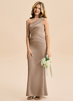 Azazie Akilah Junior Taupe Sheath Pleated Stretch Satin Dress image5