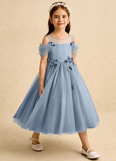 Azazie Juni Flower Girl Dresses Dusty Blue Ball-Gown Pleated Tulle Dress image6