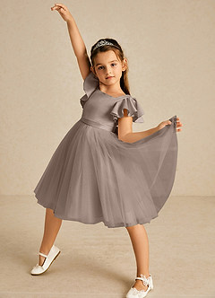 Azazie Kaeya Flower Girl Dresses Taupe A-Line Bow Tulle Dress image2