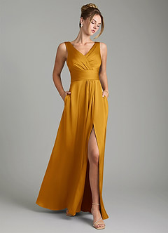 Azazie Karina Robes de demoiselle d'honneur Robe Trapèze en Satin extensible Plissée Caramel écossais image1