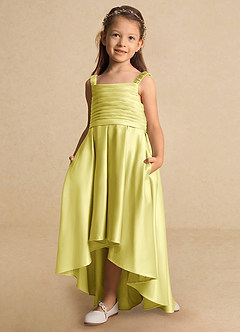 Azazie Kat Robe Demoiselle D'honneur Fillette Robe Trapèze en Mat Satiné Plissée Sorbet Citron image6