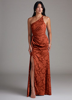 Azazie Mika Bridesmaid Dresses Auburn Sheath One Shoulder Floral Burnout Dress image3