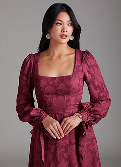 Azazie Leonia Bridesmaid Dresses Burgundy A-Line Long Sleeve Floral Burnout Dress image6