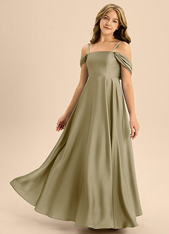 Azazie Rowena Junior Vestido de Musgo Verde de Satén Elástico de Corte en A con Lazo image6
