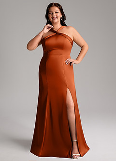 Azazie Rue Bridesmaid Dresses Burnt Orange A-Line Pleated Stretch Satin Dress image8