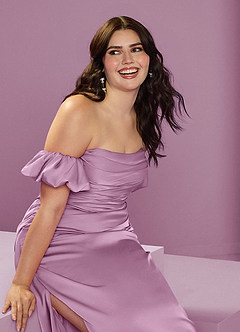 Barbie ♥ Azazie Robes de demoiselle d'honneur Robe Fourreau Convertible en Satin extensible Épaule décolletée Glycine image16