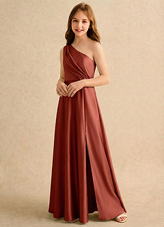 Azazie Puddles Girls Formal Abiti da Ragazza di Fiori Abito A-Line in Raso Elasticizzato Monospalla Terracotta image4