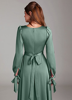 Azazie Leonia Bridesmaid Dresses Eucalyptus A-Line Long Sleeve Stretch Satin Dress image7