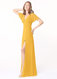 Azazie Kimber Bridesmaid Dresses Marigold A-Line Flounce Sleeve Chiffon Dress image3