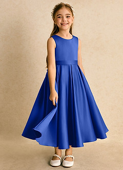 Azazie Junebuj Flower Girl Dresses Royal Blue Ball-Gown Pleated Matte Satin Dress image2