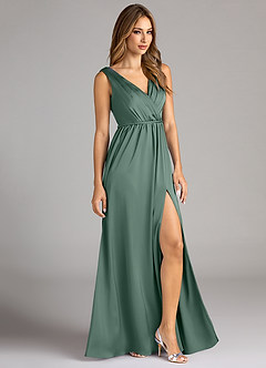 Azazie Tanicia Bridesmaid Dresses Eucalyptus A-Line Pleated Stretch Satin Dress image4