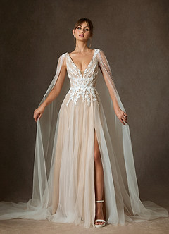 Azazie Goddess Wedding Dresses Diamond White Nude A-Line V-Neck Sequins Tulle Dress image1
