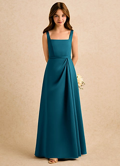 Azazie Emiko Girls Formal Abiti da Ragazza di Fiori Abito A-Line in Raso Opaco Plissettato Blu Inchiostro image3