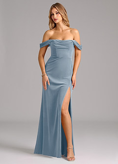 Azazie Saige Jurken voor bruidsmeisjes Converteerbaar Jurk van flueel met Kolom Off the Shoulder Stoffig Blauw image7