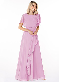 Azazie Aaliyah Bescheidene Brautjungfernkleider A-Linie Schaufel Gefaltet Chiffon Bodenlänge Kleid image3