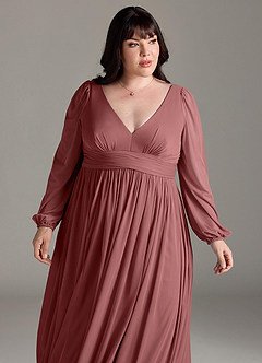 Azazie Norah Bridesmaid Dresses Amethyst A-Line V-Neck Long Sleeve Chiffon Dress image12