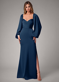 Azazie Sonata Vestidos de damas de honor Vestido de Azul Marino Oscuro de Satén Elástico de Corte Recto Convertible con Manga larga image3