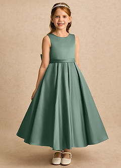 Azazie Cali Blumenmädchenkleider A-Linie Schleifen Matte Satin Kleid Eukalyptus image2