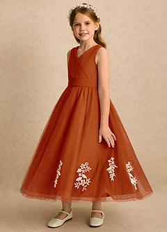Azazie Rylie Robe Demoiselle D'honneur Fillette Robe Trapèze en Tulle Dentelle Paprika image4