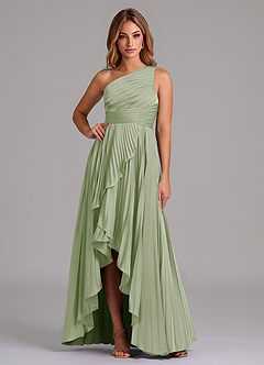 Azazie Lyrica 신부 들러리 드레스 A라인 한쪽 어깨 스트레치 새틴 비대칭 드레스 image1