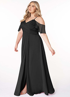 Azazie Dakota Bridesmaid Dresses Black A-Line V-Neck Pleated Chiffon Dress image3