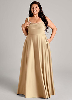 Azazie Shaude Bridesmaid Dresses Champagne A-Line Pleated Stretch Satin Dress image11