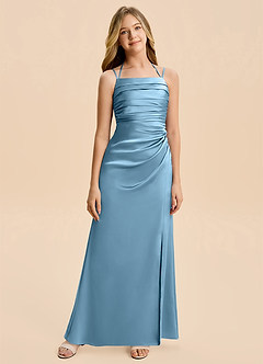 Azazie Nova Junior Steel Blue A-Line Pleated Stretch Satin Dress image6