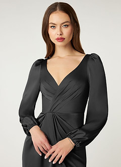 Azazie Mel Bridesmaid Dresses Black Sheath Long Sleeve Stretch Satin Dress image5