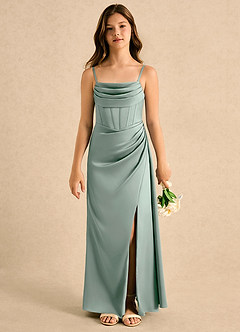 Azazie Lexy Girls Formal Robe Demoiselle D'honneur Fillette Robe Trapèze en Satin extensible Plissé Agave image5