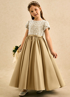 Azazie Cashew Blumenmädchenkleider Ballkleid mit ärmel Matte Satin Kleid Gold image3