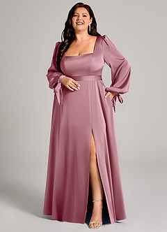 Azazie Leonia Bridesmaid Dresses Vintage Mauve A-Line Long Sleeve Stretch Satin Dress image8