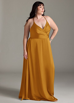Azazie Davis Bridesmaid Dresses Butterscotch A-Line Pleated Stretch Satin Dress image9