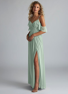 Azazie Fiena Bridesmaid Dresses Agave A-Line V-neck Ruched Mesh Dress image2