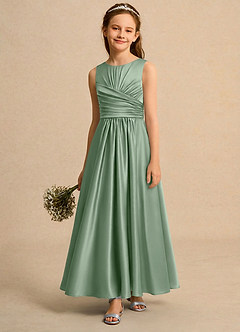 Azazie Ducky Girls Formal Robe Demoiselle D'honneur Fillette Robe Trapèze en Satin extensible Plissée Matcha image4