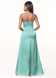 Azazie Maci Bridesmaid Dresses Aqua A-Line V-Neck Pleated Stretch Satin Dress image2