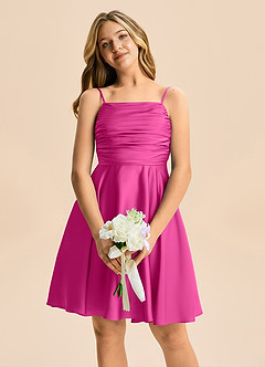 Azazie Miko Junior Fuchsia A-Line Pleated Stretch Satin Dress image6