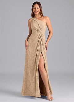 Azazie Brooke Jurken voor bruidsmeisjes Jurk van Bloemen Burn-out met A-Lijn One-Shoulder Champagne image4