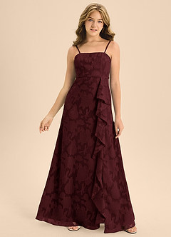 Azazie Kaylee Junior Cabernet A-Line with Belt Floral Burnout Dress image4