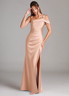Azazie Wynter Vestidos de damas de honor Vestido de Oro Rosa de Satén Elástico de Corte Recto con Vestidos sin tirantes image3