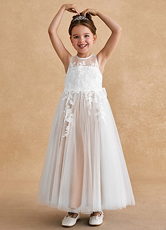 Azazie Bitsy Flower Girl Dresses Ivory Champagne Rose A-Line Lace Tulle Dress image2
