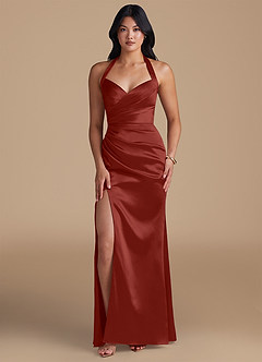 Azazie Emeria Bridesmaid Dresses Terracotta Sheath Side Slit Metallic Satin Dress image1