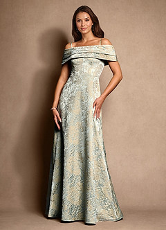 Azazie New Britain Essayer des robes à la maison Robe Trapèze en Jacquard Plissée Bleu Vintage image4